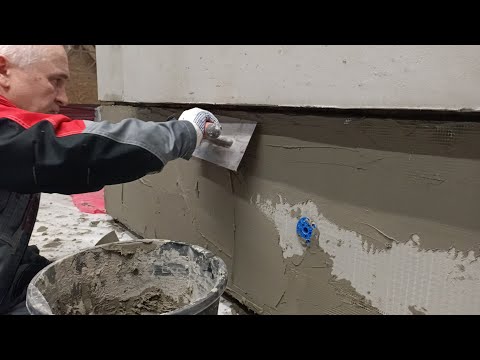 Двойной базовый армирующий слой из клея и сетки на цоколе дома, утепление ЭППС под плитку, камень