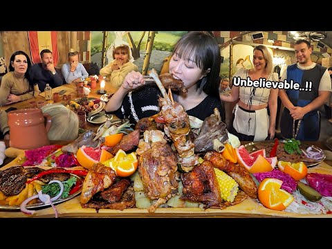1m Giant Meat Platter Challenge in Budapest!🔥 Hungarian Medieval Feast Mukbang