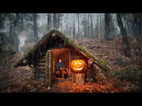 Building of a log house in the mountain from Heavy Rain. Halloween night in the forest
