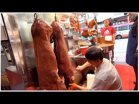 香港燒味 Roast Pork for Chinese Worship Day Hong Kong Food 初十六做牙早上燒味師傅特別忙 做生意老闆買燒肉拜神 香港美食 燒乳豬燒鵝 新強記燒臘飯店