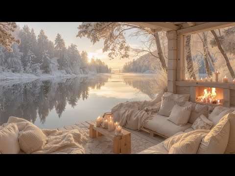 Peaceful Winter Lake Porch by The Lake❄️ Soothing Piano Music & Fireplace Sounds for Relaxation