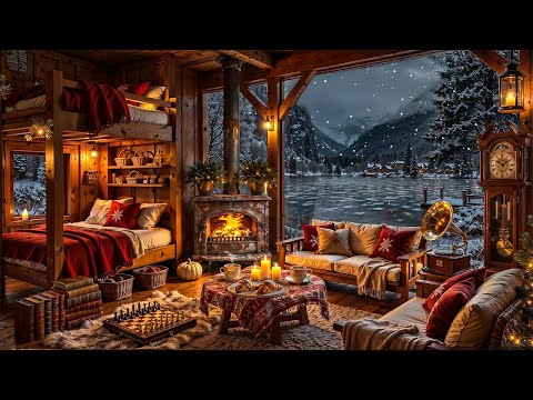 Jazz Relaxing Music for Sweet Night Holidays ❄️🔥 Cozy Winter Cabin Ambience & Fireplace Crackles