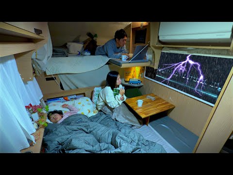 A scared night car camping with heavy rain and thunder