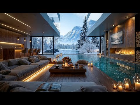 Winter Mountain Living Room Ambience with Relaxing Jazz Music ❄️ Snow Falling & Fireplace Crackling