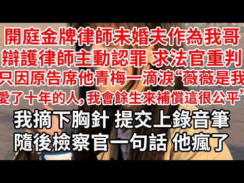 開庭金牌律師未婚夫作為我哥辯護律師主動認罪 求法官重判，只因原告席他青梅一滴淚“薇薇是我愛了十年的人，我會餘生來補償你兄妹兩 這很公平”我摸了摸胸針 下秒檢察官一句話 他瘋了