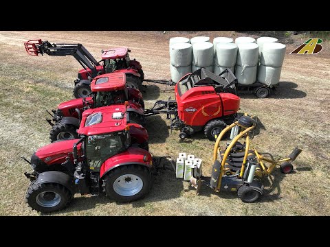 Heuernte 2023 Gras mähen, wenden, schwaden, Rundballen pressen wickeln Case Traktoren Landwirtschaft