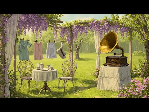 Vintage Classic Music 1940s Playing at Grandma's Lakeside Porch, Spring Morning