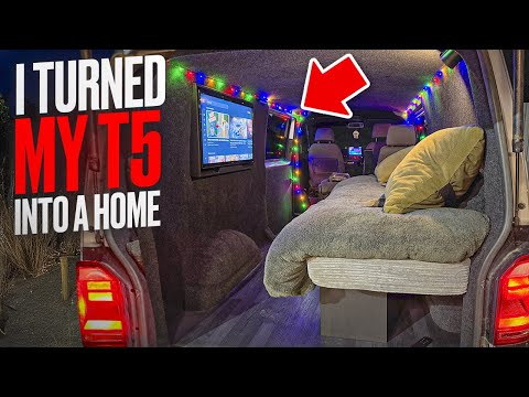 VW T5 Transporter Makeover! Installing Fold-Out Bed, Flush TV & LED Lighting