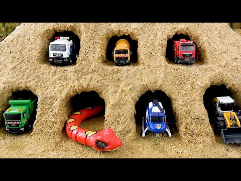 Construction vehicle falls into hole | Rescue crane truck toy story | BIBO TOYS