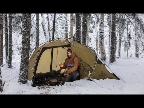 Winter HOT TENT Camping in SNOWSTORM 