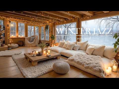Twilight Winter Jazz ❄️ Lakeside Wooden Retreat | Candlelight Glow & Quiet Snowfall Mood
