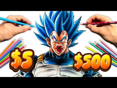 $5 VS $500 COLORED PENCILS | Drawing Vegeta Super Saiyan Blue Evolution