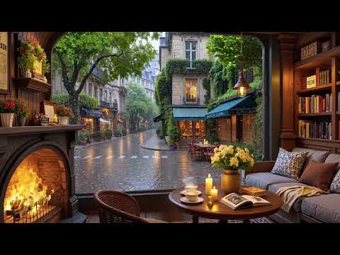 Cozy Rain Coffee Shop ☕ Soft Jazz Piano & Fireplace Sounds for Work & Study