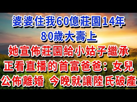 婆婆住我60億莊園14年，80歲大壽上，她宣佈莊園給小姑子繼承，正看直播的首富爸爸：女兒，公佈離婚，今晚就讓陸氏破產！#書婷講故事 #為人處世#生活經驗#情感故事#晚年哲理#說故事#完結文