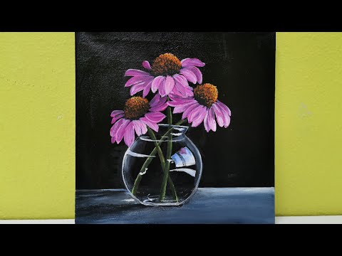 How to paint Daisies in a Glass Vase ||Acrylic Painting Demo For Beginners