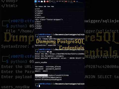 Extracting Usernames, Passwords from PostgreSQL Database #shorts #sqlinjection #python #appsec #code