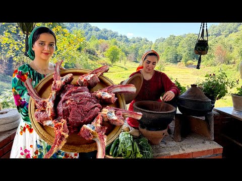 Cooking beef ribs, cheese potatoes and salad