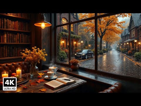 Peaceful Autumn Coffee Shop in the Rain 🍂 Relaxing Jazz Music and Rain Sounds for Study