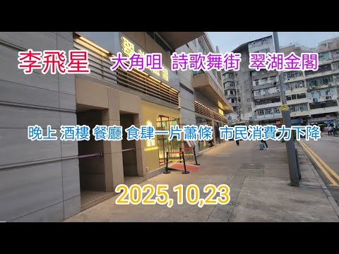 大角咀，詩歌舞街，翠湖金閣， 晚飯時間 堂食水靜鵝飛 食客稀少 ，反映市道不好 ，消費力下降    2025,10,23