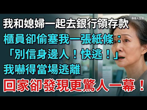 我和媳婦一起去銀行領存款，櫃員卻偷塞我一張紙條：「快逃」。我嚇得當場逃離，回家發現更驚人的一幕！​【康養人生道】 #康養人生道 #上了年紀該明白的事 #養老 #聰明老人 #長壽秘密 #延壽 #長壽