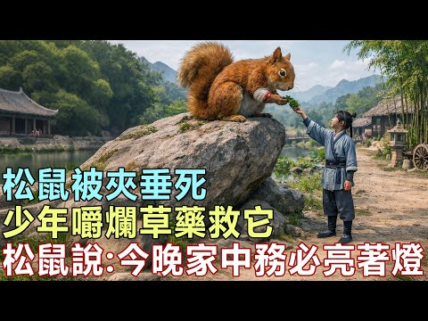 民間故事：松鼠被夾垂死，少年嚼爛草藥救它，松鼠說：今晚家中務必亮著燈