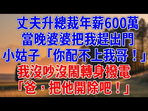 丈夫升總裁年薪600萬，當晚婆婆把我趕出門，小姑子「你配不上我哥！」我沒吵沒鬧轉身撥電，「爸，把他開除吧！」#為人處世#經驗#情感故事#戀愛#情感#婚姻#人生感悟