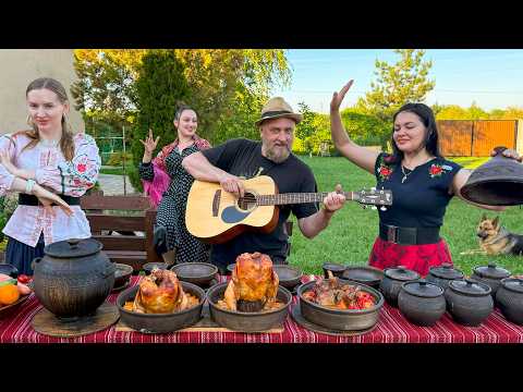 Family Dinner Outdoors – Cooking Tender Chicken in Clay Pots