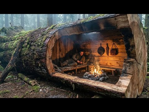 I Built a Hidden Shelter Inside a Hollow Tree