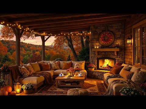 Cozy Fall Porch Vibes 🍂 Soft Piano Jazz & Warm Fireplace Sounds for Stress Relief and Healing Soul