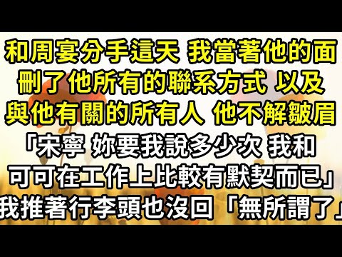 "和周宴分手這天 我當著他的面，刪了他所有的聯系方式 以及與他有關的所有人 他不解皺眉，「宋寧，妳要我說多少次，我和可可在工作上比較有默契而已」，我推著行李頭也沒回「無所謂了」"