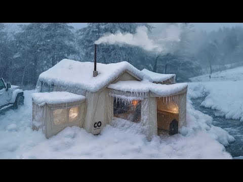 -10°C winter camping in the snow in an inflatable tent with balcony
