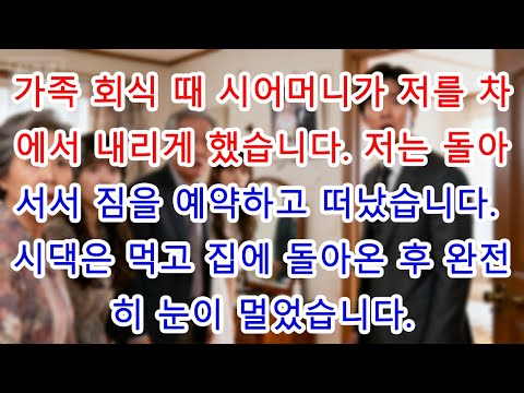 가족 회식 때 시어머니가 저를 차에서 내리게 했습니다. 저는 돌아서서 짐을 예약하고 떠났습니다. 시댁은 먹고 집에 돌아온 후 완전히 눈이 멀었습니다.|가족 이야기|이야기|오디오북