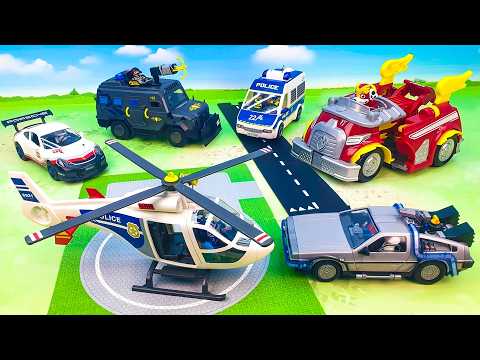 Can the Back to the Future car Rescue the Dinosaur? Mars rover vs Paw Patrol Marshall's Fire Truck