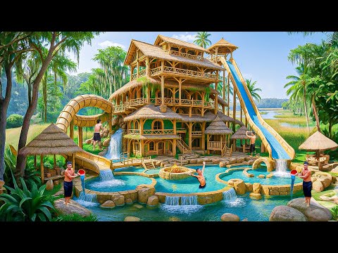 Building a Giant Multi-Level Bamboo Waterfall House in the Jungle Swamp Using Primitive Tools