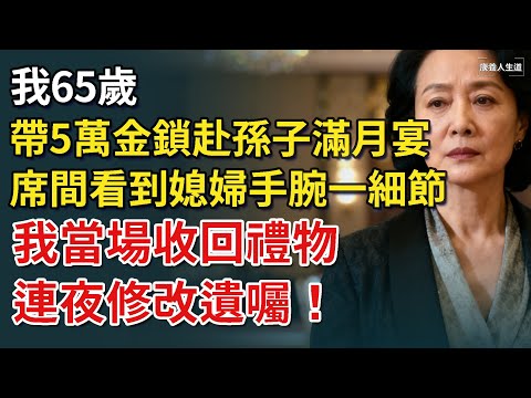 我65歲，帶5萬金鎖赴孫子滿月宴，席間看到媳婦手腕一細節，我當場收回禮物，連夜修改遺囑！【康養人生道】 #康養人生道 #上了年紀該明白的事 #養老 #聰明老人 #長壽秘密 #延壽 #長壽