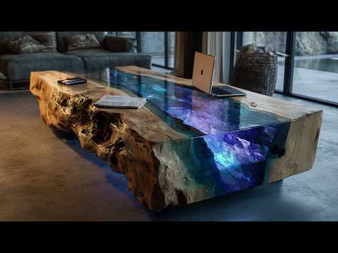 A man is making a unique table from epoxy resin and wood.