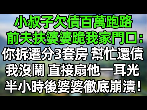 小叔子欠債百萬跑路，前夫扶婆婆跪我家門口：“你拆遷分了3套房，幫忙還債吧”我沒閙，直接扇他一耳光，好厚的臉皮！半小時後婆婆崩潰了！#幸福生活 #深夜淺讀 #深夜故事 #婆媳 #情感故事 #為人處世