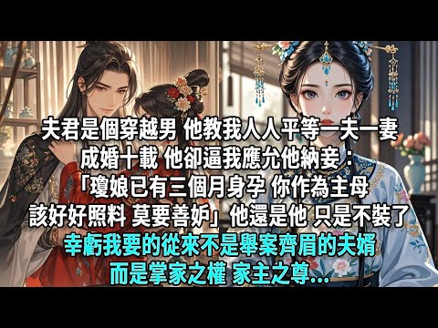 夫君是個穿越男，他教我人人平等一夫一妻。成婚十載他卻逼我應允他納妾：「瓊娘已有三個月身孕，你作為主母該好好照料，莫要善妒。」他還是他，只是不裝了。幸虧我要的從來不是舉案齊眉的夫婿，而是掌家之權家主之尊
