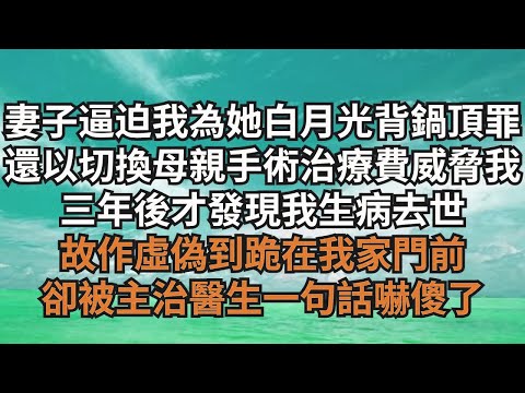 妻子逼迫我為她白月光背鍋頂罪，還以切換母親手術治療費威脅我，三年後才發現我生病去世，故作虛偽到跪在我家門前，卻被主治醫生壹句話嚇傻了【清風與你】