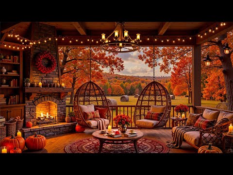 Peaceful Autumn Farm Porch Vibes🍂Soothing Piano Jazz & Crackling Fireplace Sounds for Peaceful Moods