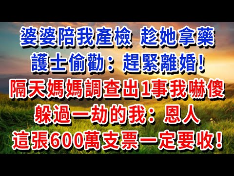 婆婆陪我產檢 趁她拿藥，護士偷勸：趕緊離婚！隔天媽媽調查出1事我嚇傻，躲過一劫的我：恩人，這張600萬支票一定要收！#書婷講故事 #為人處世#生活經驗#情感故事#晚年哲理#說故事#完結文