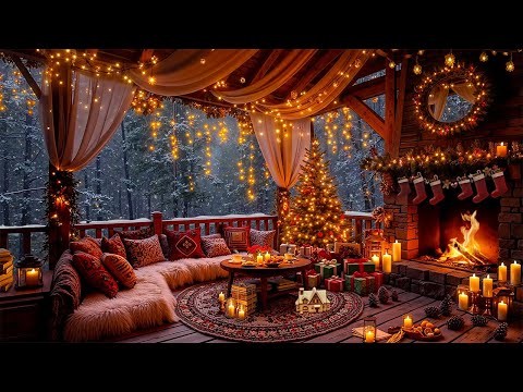 Cozy Forest Porch Ambience ⛄ Smooth Winter Jazz with Gentle Snowfall & Warm Fireplace Glow for Relax