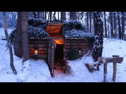Built a warm SHELTER bushcraft in the middle of the Winter Forest