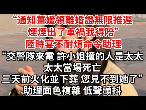 “通知薑媛領離婚證無限推遲 煙煙出了車禍我得陪”陸時宴不耐煩命令助理“交警隊來電 許小姐撞的人是太太，太太當場死亡，三天前火化並下葬 您見不到她了”助理面色複雜 低聲顫抖