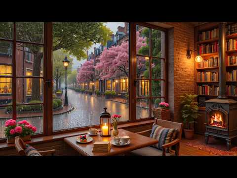 Calm Rainy Coffee Shop by the Window ☕ Gentle Jazz Piano & Fireplace Sounds for Study & Relax