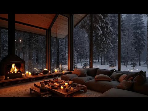 Inside a Warm Snow Cabin ⛄ Gentle Jazz & Crackling Fire for Sleep, Reading & Calm