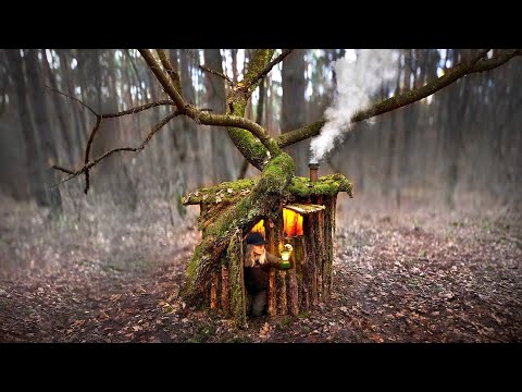 Building a Warm and Cozy Secret Hut Under an Old Tree. Survival, Bushcraft