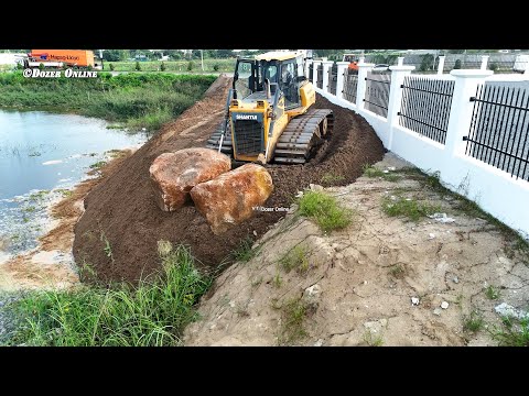 Amazing NEW Landfill Project BY Old SHANTUI Dozer Pushing Land Stone Into Water & Dump Trucks