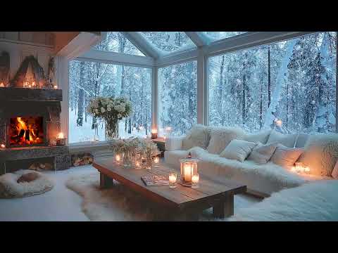 ❄️🔥 Warm Snow Piano Lounge & Fireplace | White Floral Room Ambience for Deep Sleep, Calm Focus