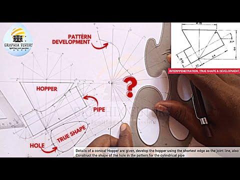 INTERPENETRATION, TRUE SHAPE, DEVELOPMENT, CURVE OF INTERSECTION OF A PIPE INTERSECTING A HOPPER
